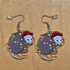 Opossum Earrings Christmas Lights Santa Hat Handmade Possum Gray New
